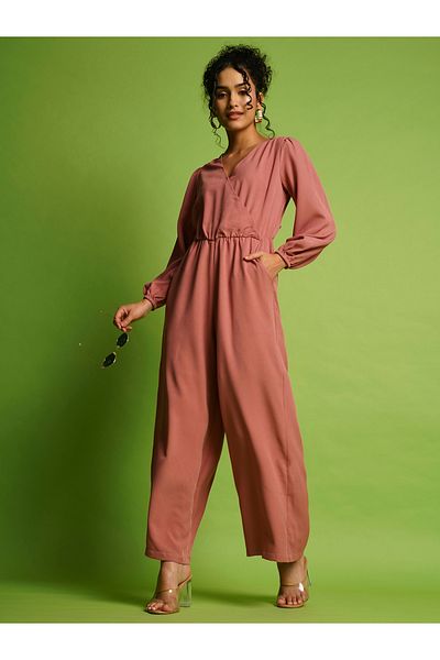 Globus By Styli Solid Wrap Neck Balloon Sleeves Gathered Waist Jumpsuit