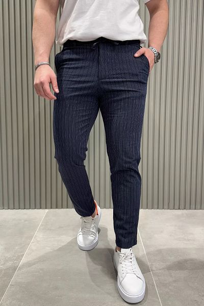 MİSHAR İTALİA Navy Blue Waist Lace-Up Striped Men's Trousers