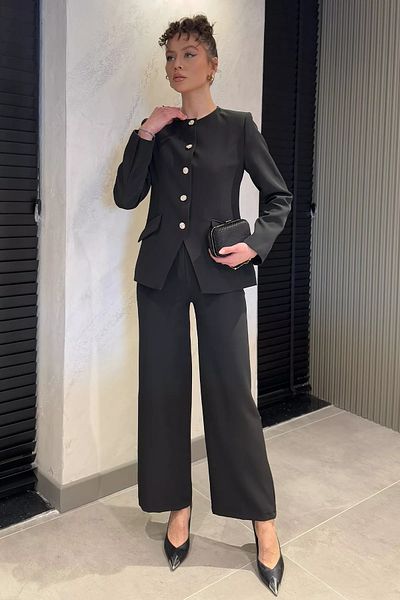 GÜLSELİ Black Button Detailed Lined Women's Jacket Pants Double Set