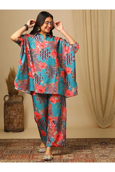 Globus By Styli Floral Printed Collared Kaftan & Pants Co-Ords