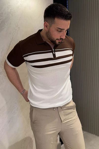 MİSHAR İTALİA Καφέ ανδρικό μπλουζάκι πλεκτό με μισό φερμουάρ με λαιμόκοψη