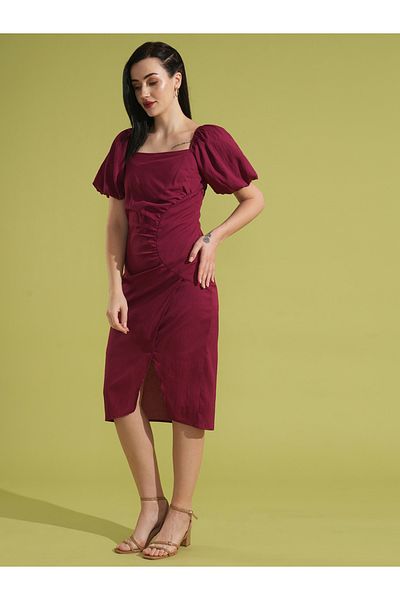 Globus By Styli Solid Gathered Square Neck Puff Sleeves Midi Dress