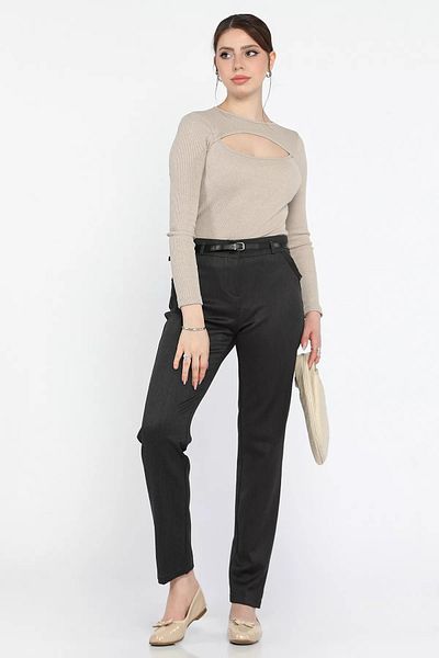 GÜLSELİ Anthracite Plus Size Women's Belted Fabric Trousers