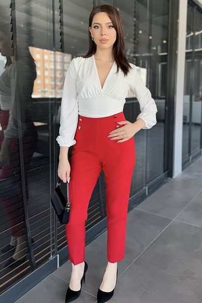 GÜLSELİ Pantaloni roșii din țesătură pentru femei, cu talie elastică