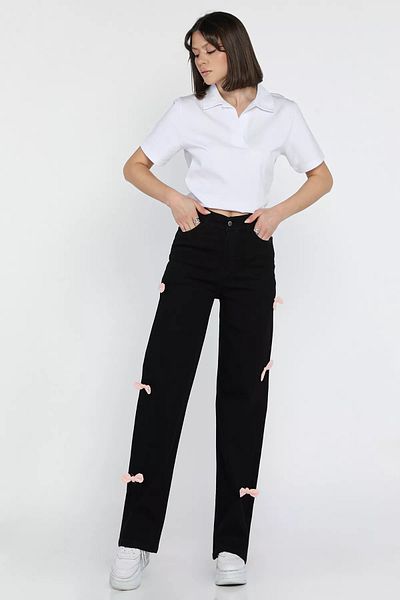 GÜLSELİ Black Bow Detailed High Waist Wide Leg Women's Jean Jeans