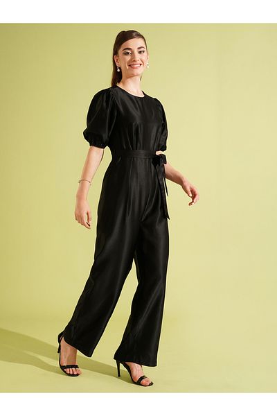 Globus By Styli Solid Satin Round Neck Puff Sleeve Waist Tie-Up Jumpsuit