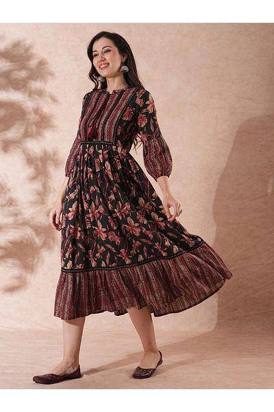 Globus By Styli All-Over Floral Print Mandarin Collar Ruffles Hem A-Line Midi Dress