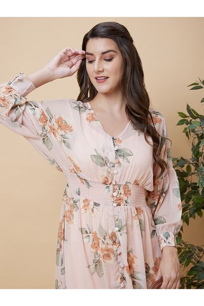 Globus By Styli Floral Printed Smocked Detail A-Line Midi Dress