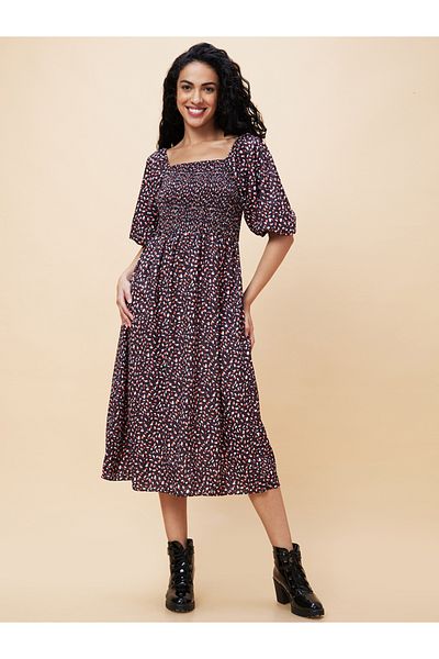 Globus By Styli All-Over Print Square Neck Smocked Midi Dress