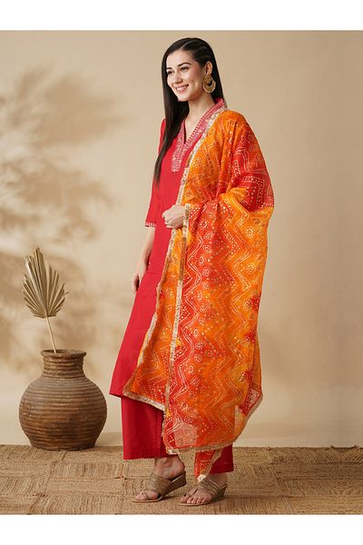 Globus By Styli Embroidered V-Neck Straight Kurta and Trouser with Dupatta Set