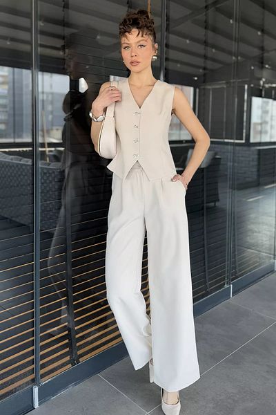 GÜLSELİ Stone Button Detailed Lined Women's Vest Pants Double Set