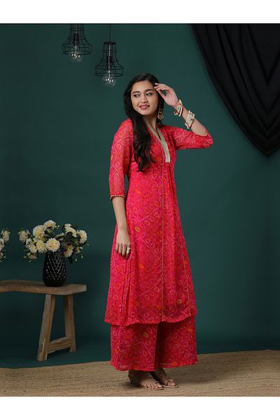 Globus By Styli Embroidered V-Neck Lace A-Line Kurta & Flared Palazzos Set