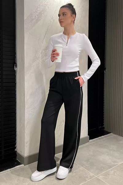 GÜLSELİ Pantaloni negri pentru femei, cu dungi laterale elastice în talie