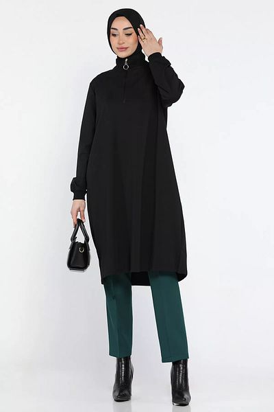 julude Μαύρο γυναικείο γιακά με μισό φερμουάρ Plus Size Hijab Tunic