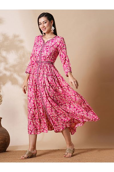 Globus By Styli Embroidered Notch Neck Front Slit A-Lin Midi Dress with Belt