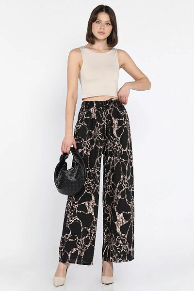GÜLSELİ Black Elastic Waist Wide Leg Viscose Walking Pants
