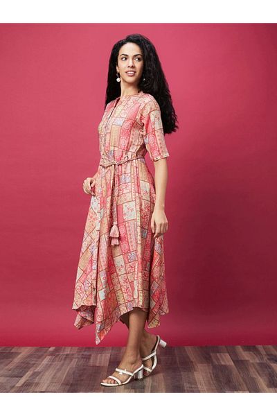 Globus By Styli All Over Print A-Line Midi Dress with Tie-Up Detail