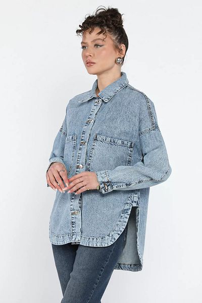 GÜLSELİ Jachetă de blugi Jean cu buzunar dublu pentru femei Ice Blue
