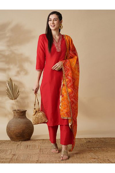 Globus By Styli Embroidered V-Neck Straight Kurta and Trouser with Dupatta Set