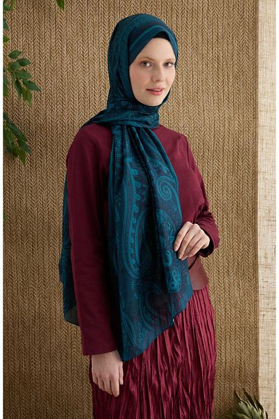 Fatma Atasoy Amelia Turquoise Ethnic Pattern Shawl