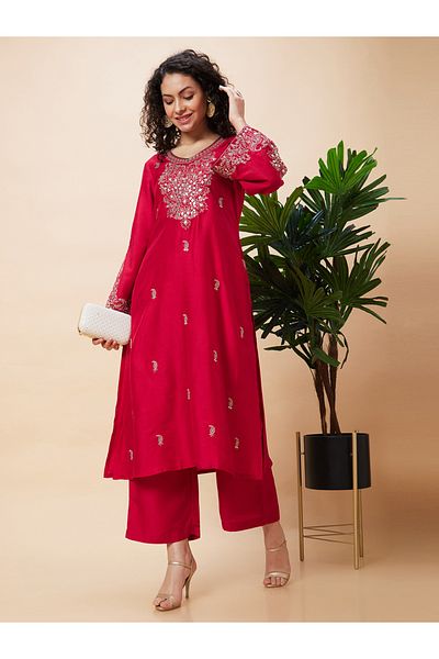 Globus By Styli Embroidered V-Neck A-Line Kurta and Trouser Set