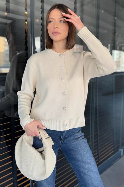 GÜLSELİ Cream Women's Stone Heart Figured Buttoned Knitwear Cardigan