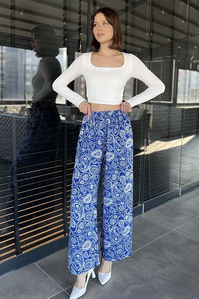 GÜLSELİ Sax Blue Women's Wide Leg Patterned Viscose Walking Pants