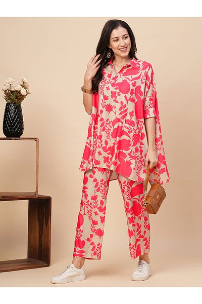 Globus By Styli Floral Print Spread Collar Kaftan Top and Trousers Co-Ords