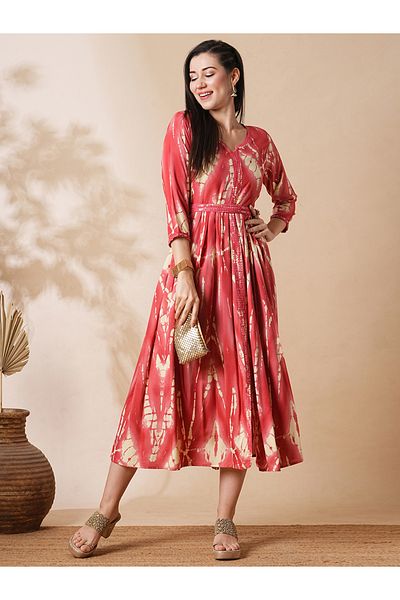 Globus By Styli Embroidered Notch Neck Front Slit A-Lin Midi Dress with Belt