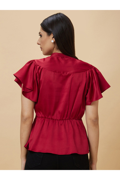 Globus By Styli Satin Frill Sleeve V-Neck Top with Buttons
