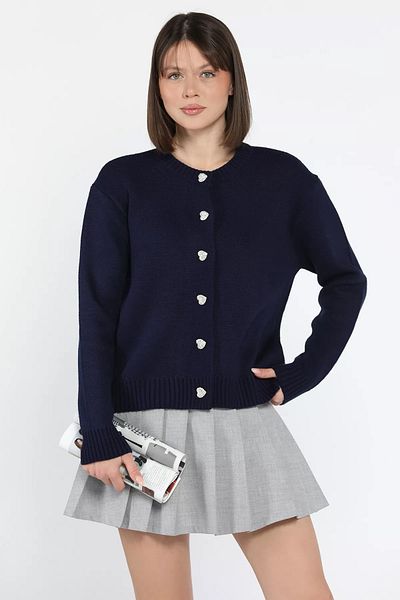 GÜLSELİ Navy Blue Women's Stone Heart Figured Buttoned Knitwear Cardigan