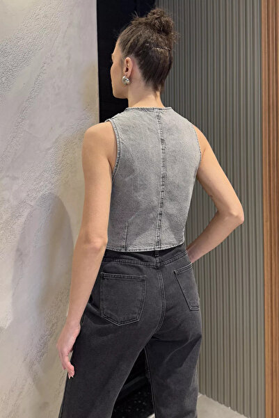 GÜLSELİ Anthracite Women's Stone Jean Denim Vest