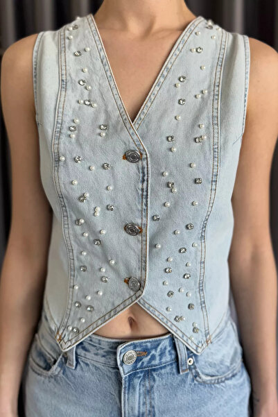 GÜLSELİ Light Blue Women's Stoned Jean Denim Vest