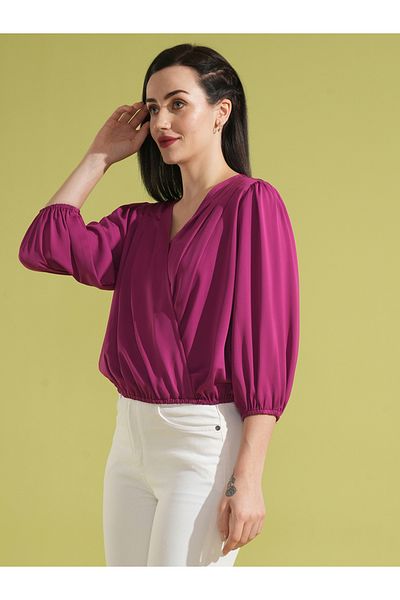 Globus By Styli V-Neck Puff Sleeves Pleated Wrap Top