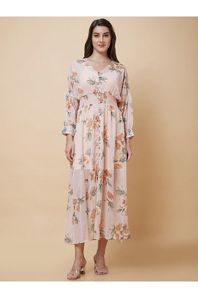 Globus By Styli Floral Printed Smocked Detail A-Line Midi Dress