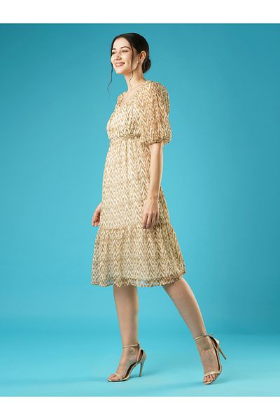 Globus By Styli All-Over Print Square Neck Puff Sleeves Tie-Up Midi Dress