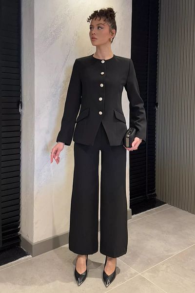 GÜLSELİ Black Button Detailed Lined Women's Jacket Pants Double Set