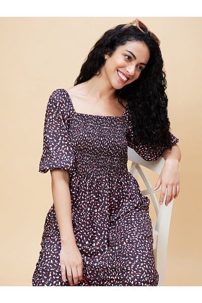 Globus By Styli All-Over Print Square Neck Smocked Midi Dress