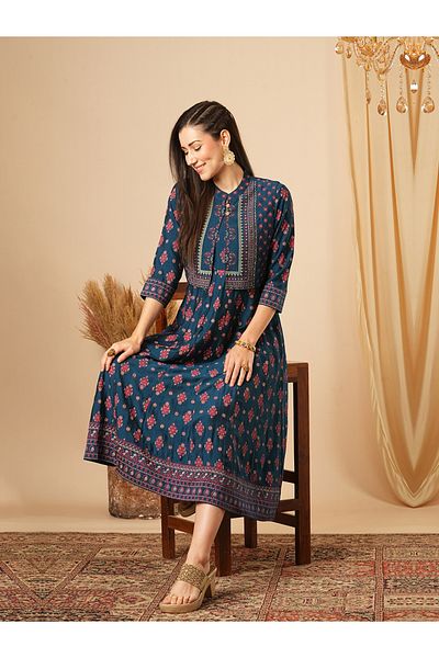 Globus By Styli All-Over Print A-Line Midi Dress with Sleeveless Detachable Koti