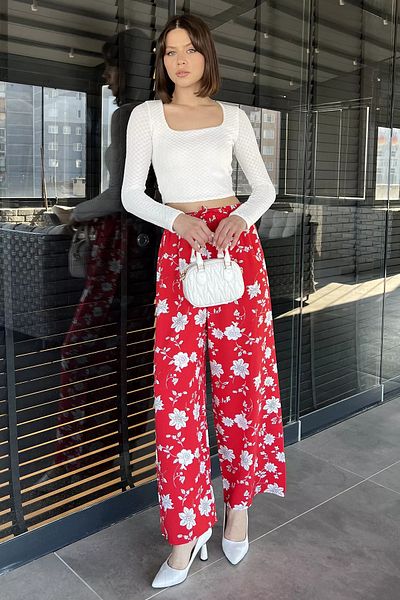 GÜLSELİ Red Women's Floral Patterned Viscose Walking Pants