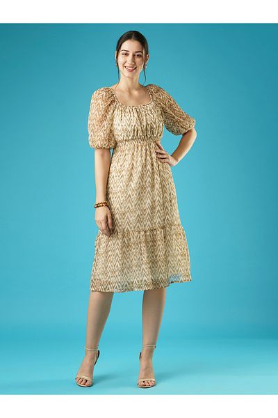 Globus By Styli All-Over Print Square Neck Puff Sleeves Tie-Up Midi Dress