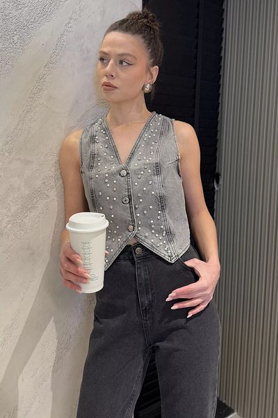 GÜLSELİ سترة جينز نسائية من أنثراسايت ستون