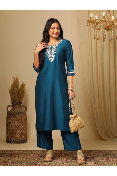 Globus By Styli Embroidered Lace Straight Kurta and Elasticated Pants Set