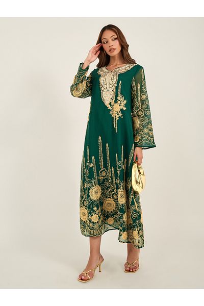 Keenly By Styli Embroidered Notch Neck A-Line Jalabiya