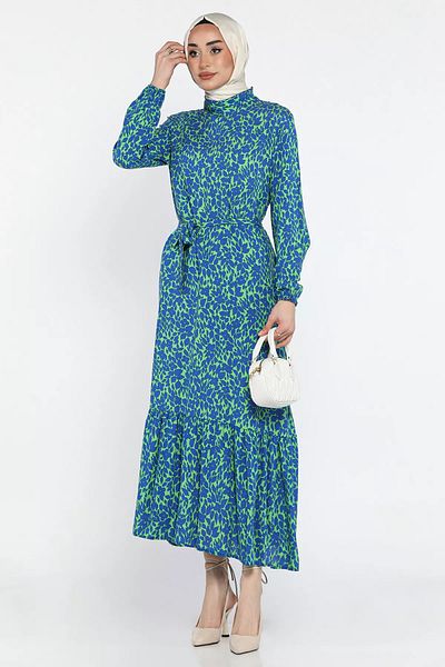 GÜLSELİ Rochie din viscoză Hijab cu model în talie, albastru sax, verde