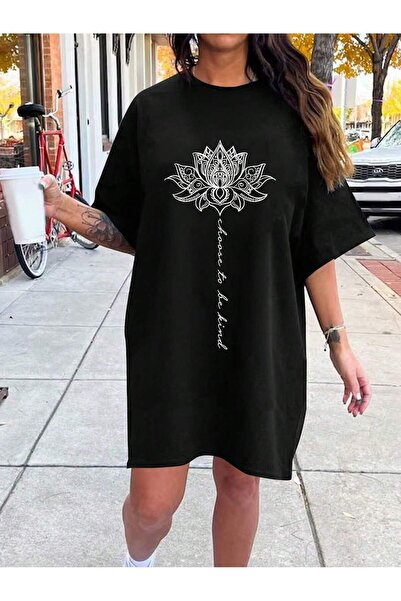 PENTHİLUS Rochie tricou cu gât rotund cu imprimeu floral, cu litere mari, pentru femei