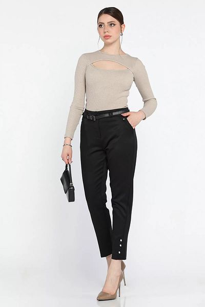 GÜLSELİ Black Large Size Women's Fabric Pants with Stone Detail and Belt