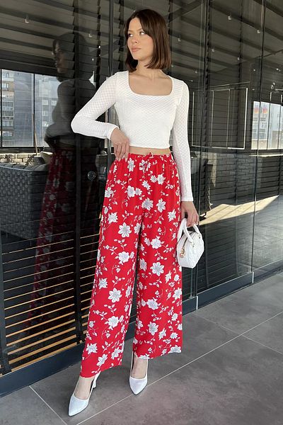 GÜLSELİ Red Women's Floral Patterned Viscose Walking Pants