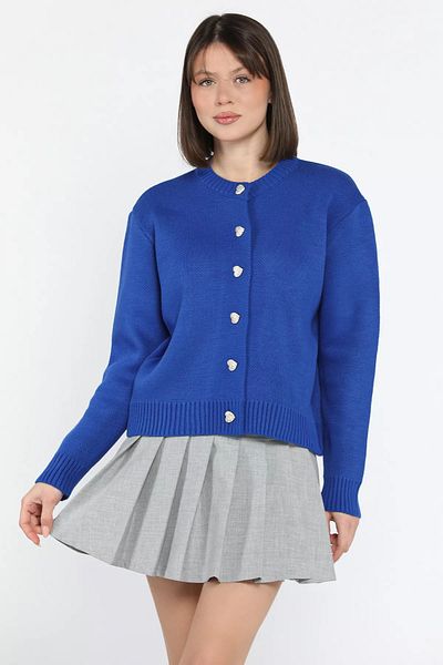 GÜLSELİ Sax Blue Women's Stone Heart Figured Buttoned Knitwear Cardigan