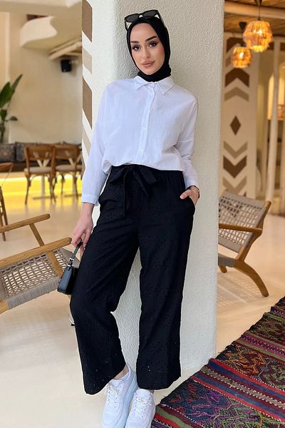GÜLSELİ Black Women's High Waist Scalloped Waist Elastic Belted Pants